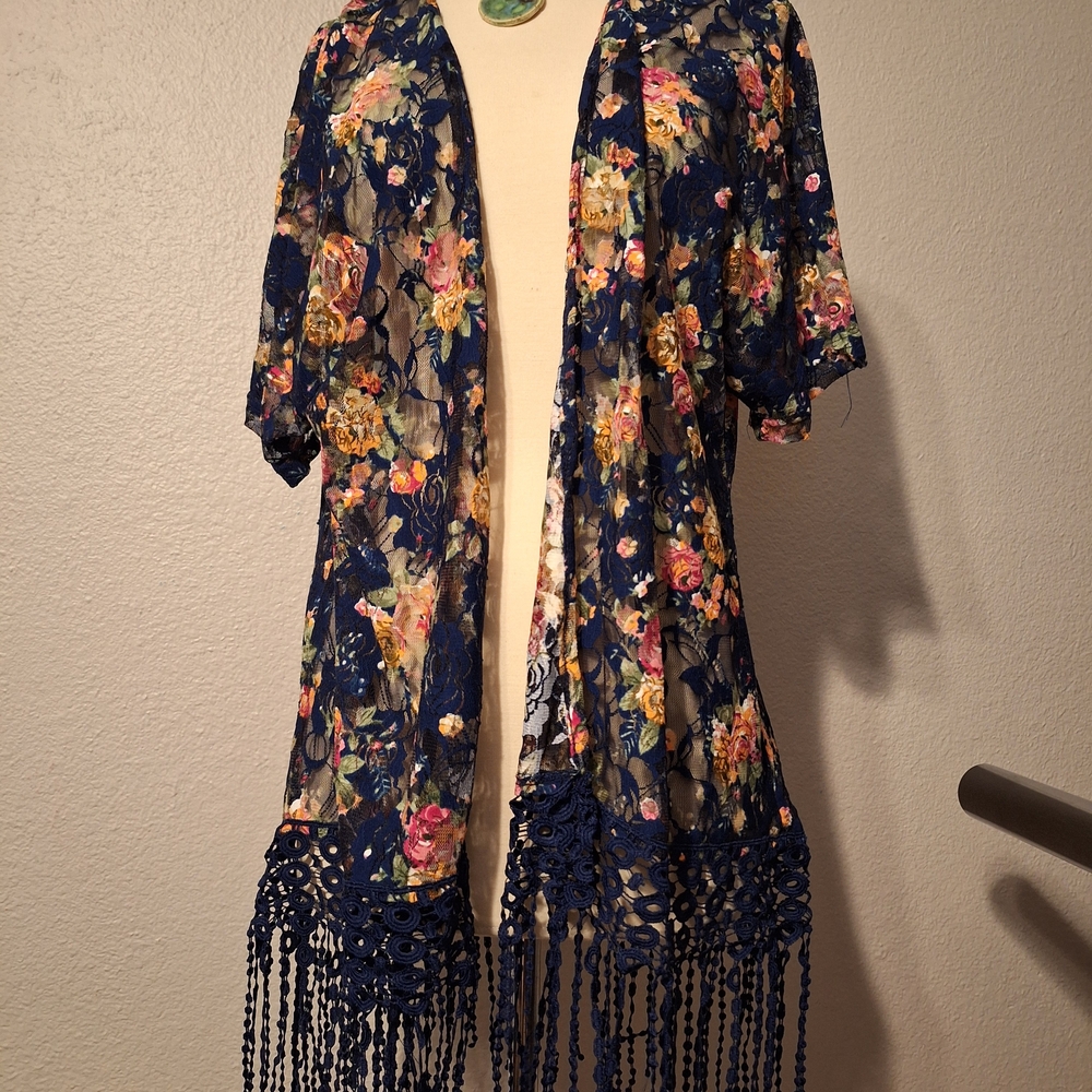 Sweet Rain Navy Floral Lace Kimono